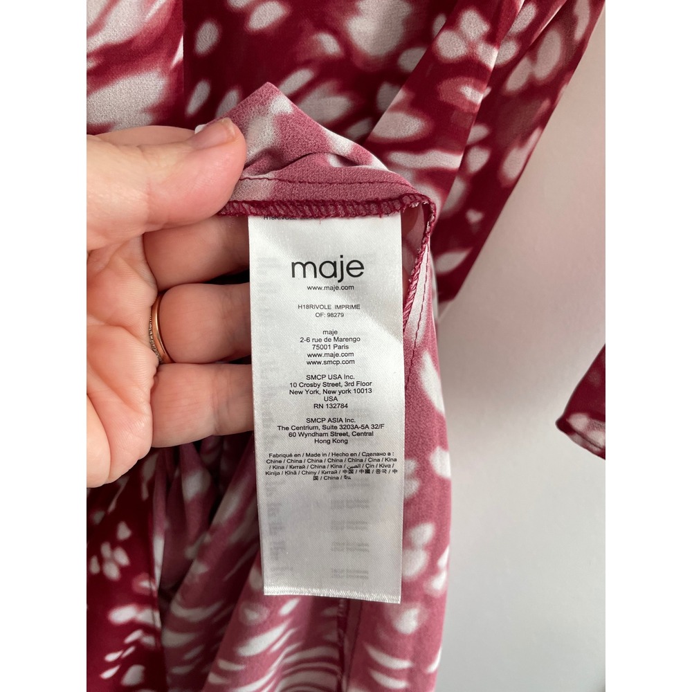 Maje Rivole Abstract Print Twist Front Midi Dress Burgundy White Long Sleeve - Picture 8 of 11